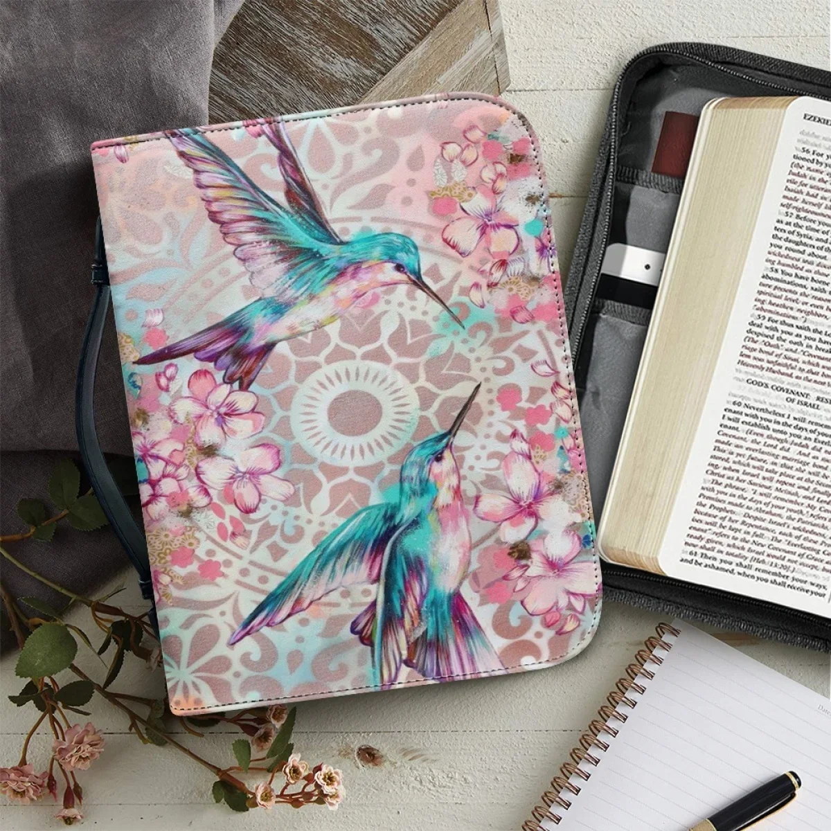 Trendy Floral Hummingbird Print Bible Storage Bags for Women Leather Bible Cover Case Zipper Handle Handbags Bible Carrying Case