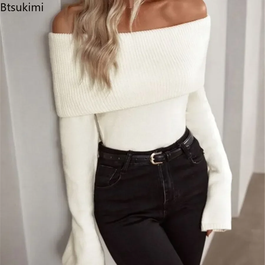 

2025 Sexy Off Shoulder Knitted Sweaters for Women Fashion Solid Slim Ribbed Knit Pullover Tops New Long Sleeve Jumpers Pullovers