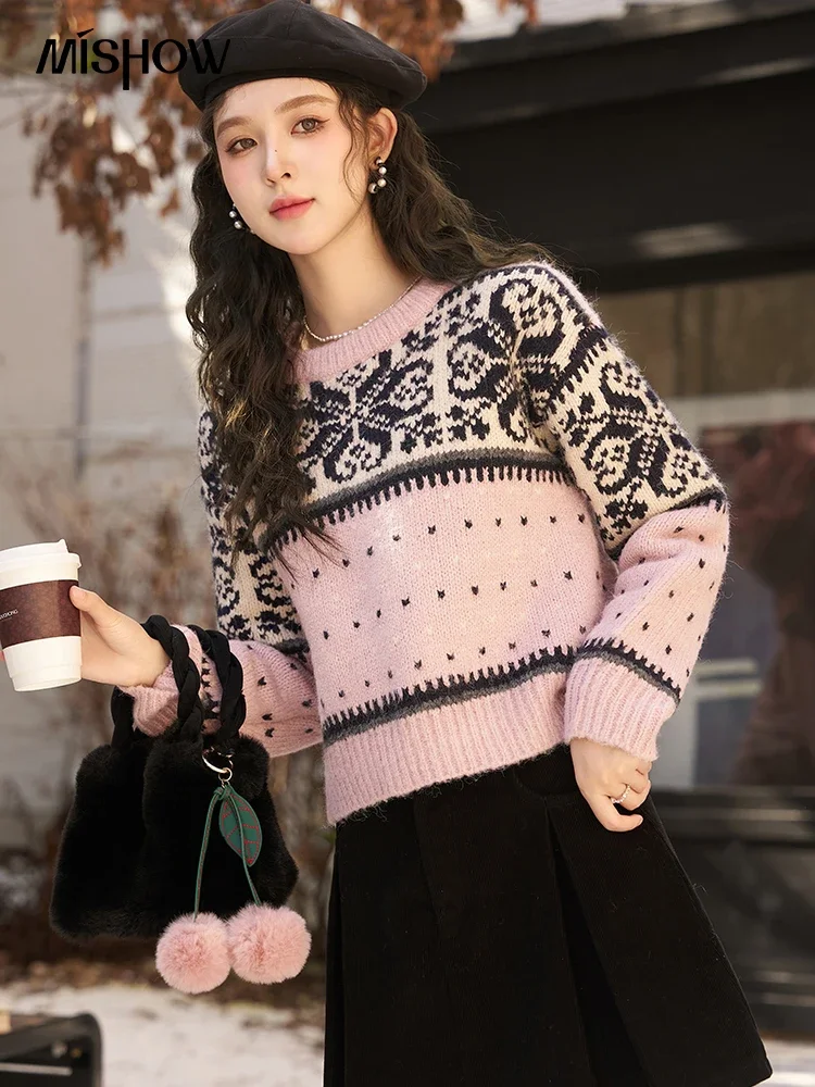 MISHOW Retro Round Neck Jacquard Sweater Winter Casual Loose Fashion Pullover Long Sleeve Knitted Top Gentle Jumpers MXC56Z0442