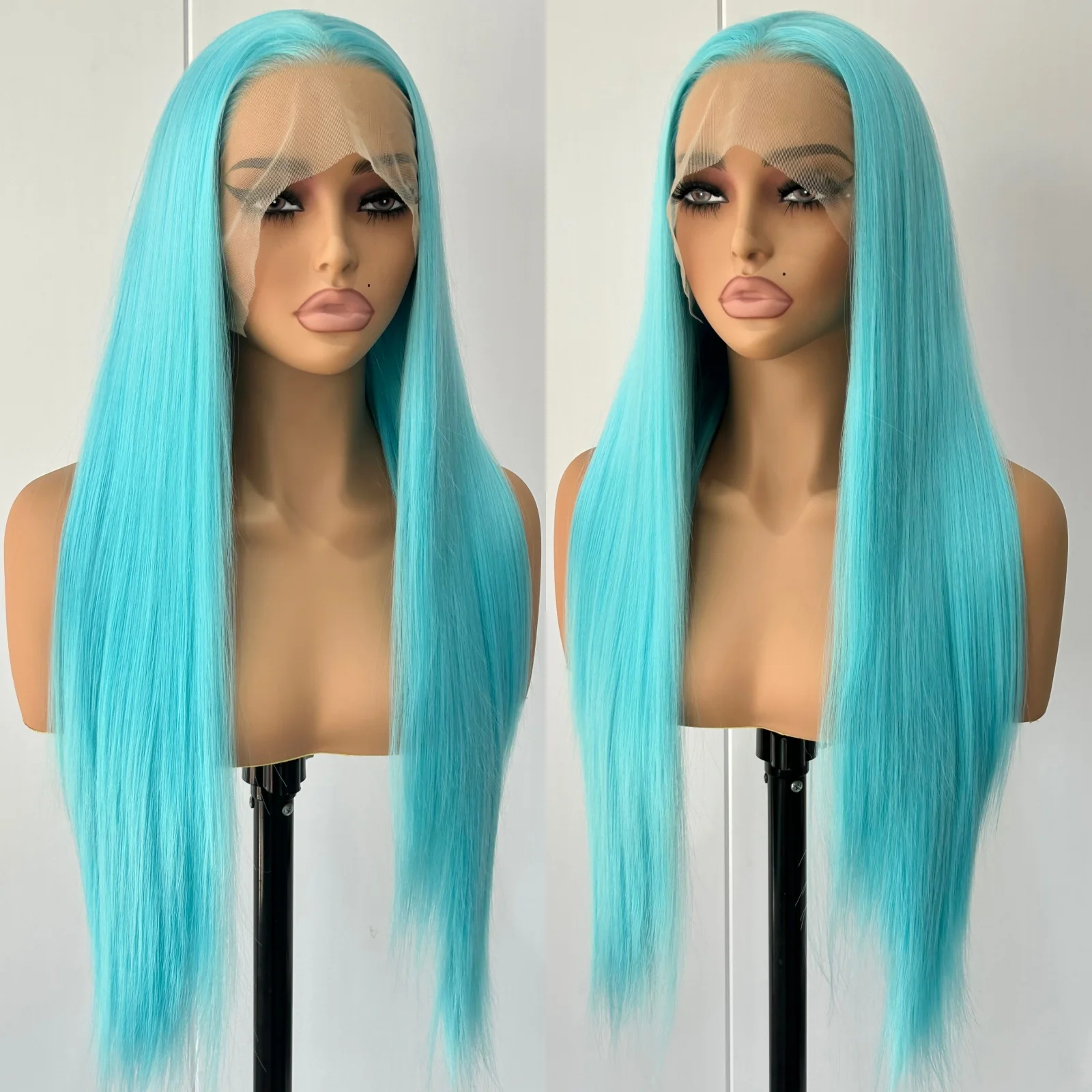 Blue Wig Long Straight Synthetic Lace Front Wig Glueless Ready to Wear Cosplay Party Light Blue Hair Lace Frontal Wigs for Women