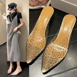 Crystal Small Kitten Heels Clear Sandalias Mujer Sexy Peep Toe pantofole argento/champagne punta a punta Med sandali con tacco alto donna