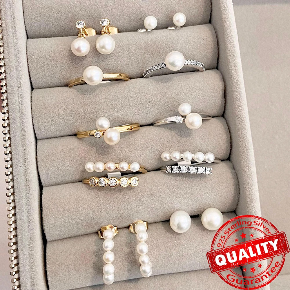 Sparkling Black Row Eternity Diamond Ring 925 Sterling Silver Freshwater Cultured Pearls Finger Open Ring for Women Jewelry Gift