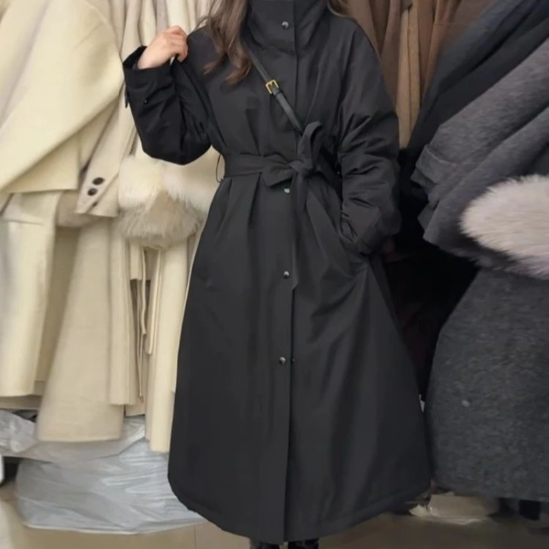 

Black Medium and Long Stand-up Neck Trench Coat Down Cotton Clothes Women's Winter New Loose Waist Jacket Top