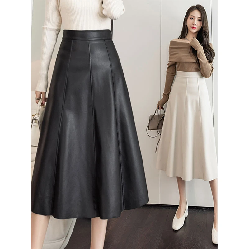 

Autumn Winter New Sle Women's eepskin Leather Skirt Slimming Straight A-Line Midi Skirt Casual High Waist Pure Color