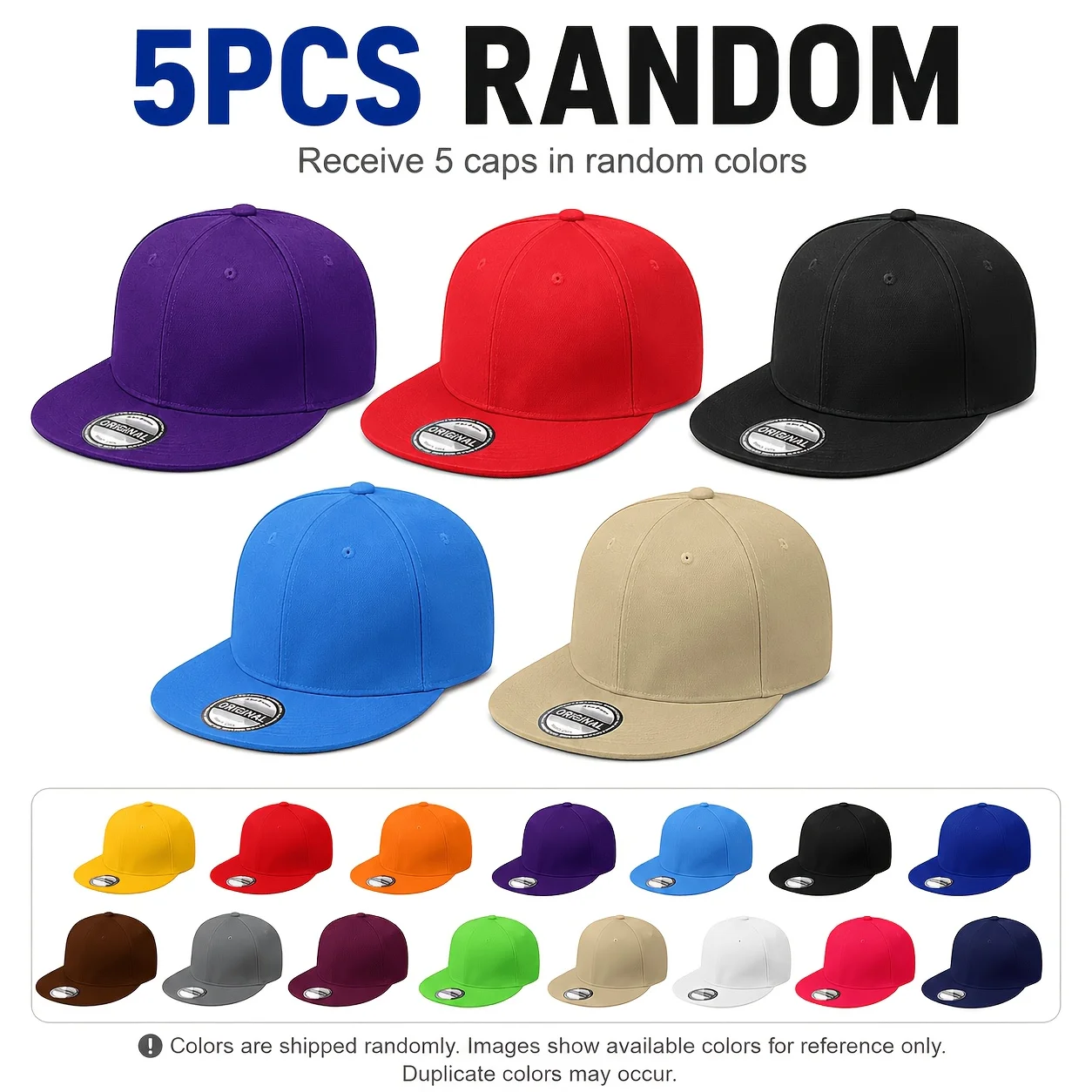 1/3/5‑pack Men's Hats in Random Colors, Hip‑Hop Style Solid Baseball Caps, Adjustable Snapback Flat‑top Baseball Caps