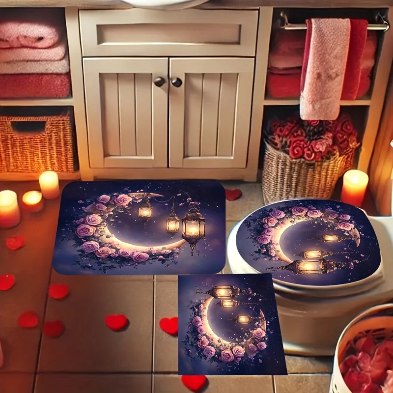 

Набор ковриков для ванной Magical Moon, 3 предмета: коврик в форме полумесяца с розами и фонарями, коврик для унитаза и контурный коврик, нескользящие мягкие коврики для ванной.