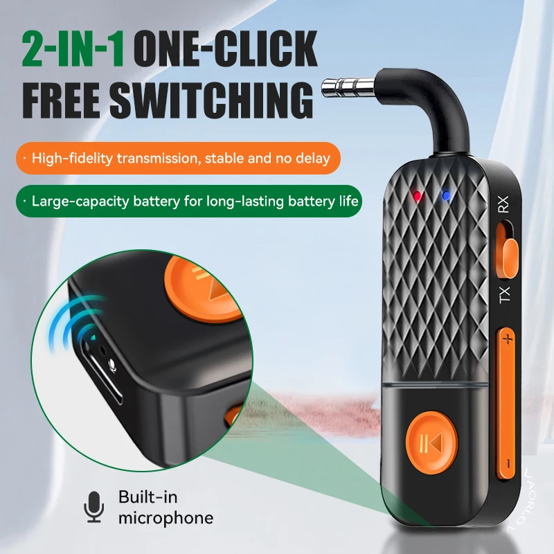 업그레이드된 블루투스 5.4 AUX 송수신기 3.5MM 마이크 내장 HiFi 스테레오 음악 무선 오디오 어댑터 (TV, PC, 비행기, 자동차용)