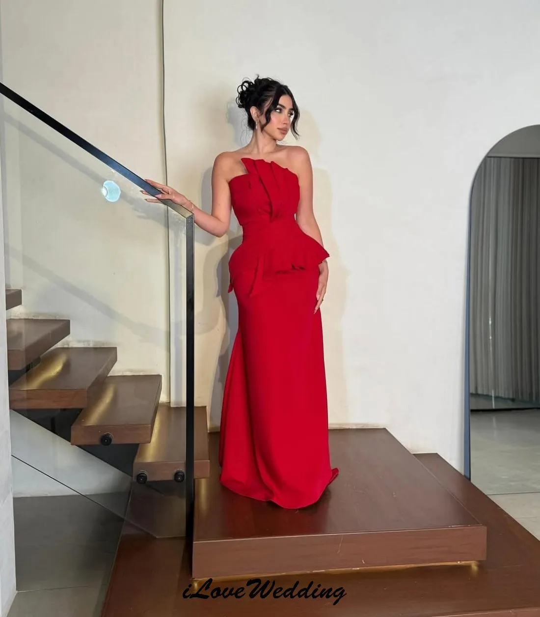 Rode strapless galajurken 2025, elegante avondjurk, geplooide formele jassen voor vrouwen, vloerlengte, bruiloftsjurk op maat