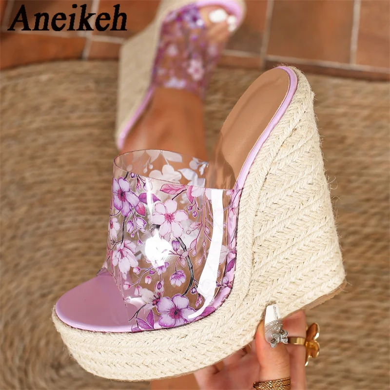 Aneikeh Purple Blossom Transparent Strap Espadrille Wedge Mules Ladie Open Toe Slip On Thick Platform Boho Beach Heeled Slippers