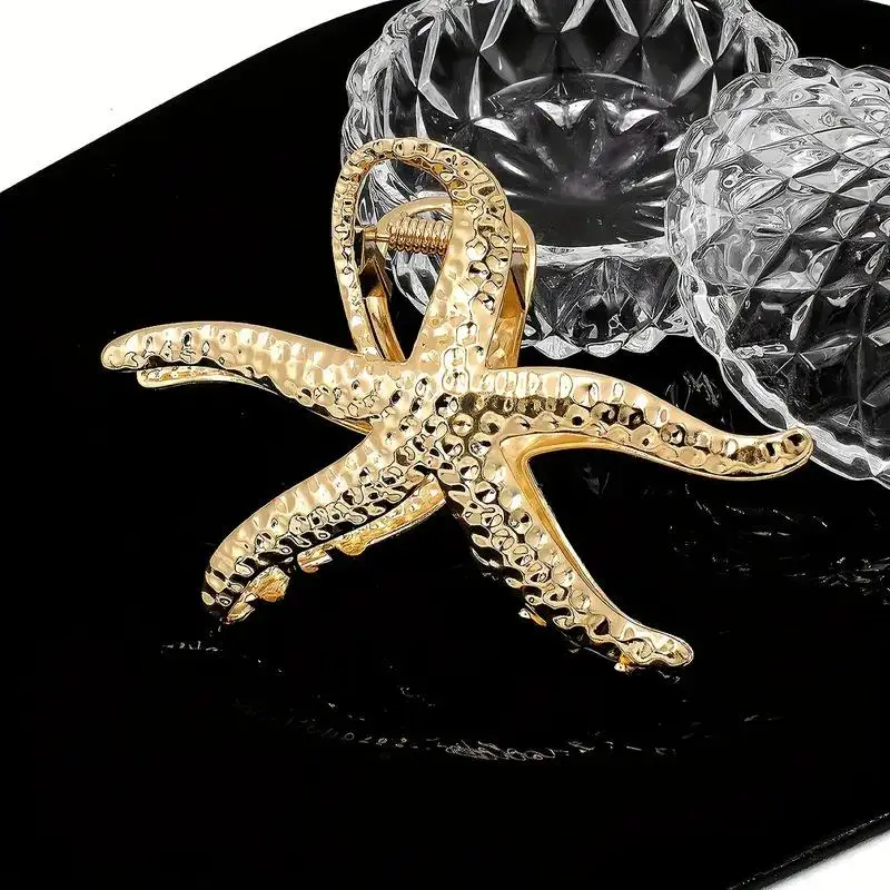 Starfish Pattern Hair Claw Clip Gold Textured Metal Ocean Style Hair Clamp for Women DIY Hairstyle Daily Makeup Use