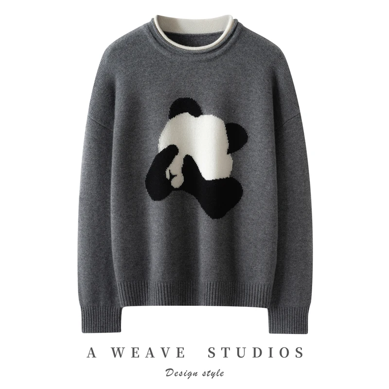 

2025 Autumn Winter New Style Women's Pure Cashmere Knitted Base Shirt round Neck Panda Pattern Versatile Warm Thermal Top