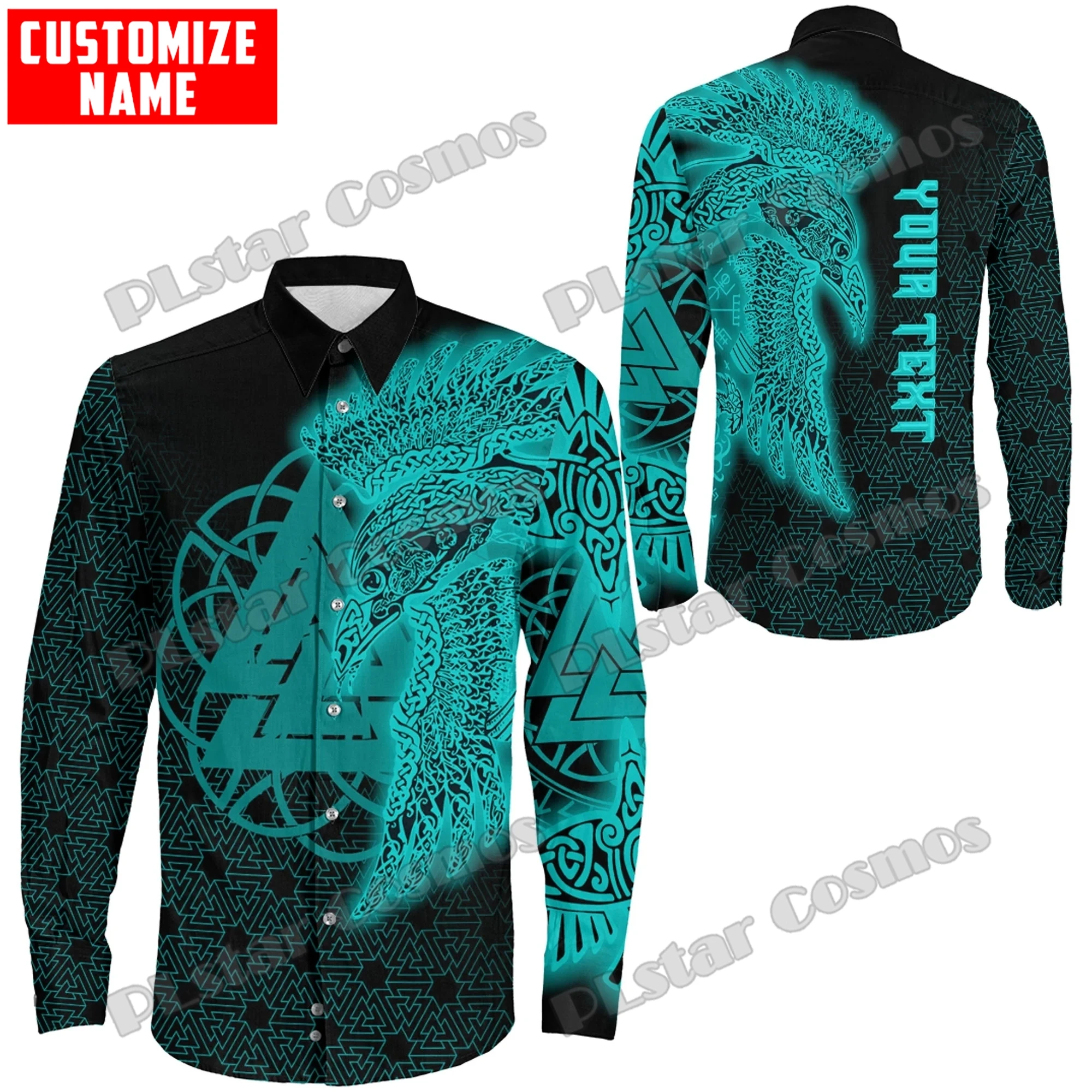 Raven Vegvisir Turquoise Tattoo Custom 3D Printed Fashion Men's Long Sleeve Button Shirt Spring Mens Casual Lapel Shirt CXS51