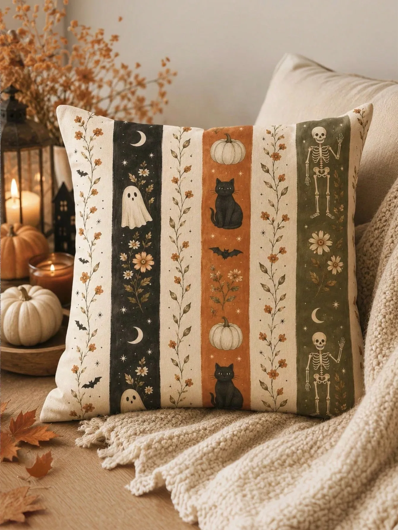 1pc Fall Halloween Cushion Cover, Polyester 2D Double‑Sided Print Floral Ghost Skeleton Black Cat Pumpkin for Living Room Bedroo