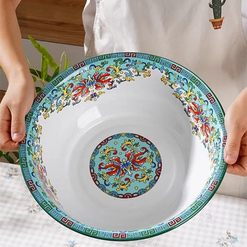 36CM Thickened Enamel Basin Kitchen Vegetable Basin Wash Basin Large Retro Old-fashioned Iron Bowls Plates Trays Lotus Pattern