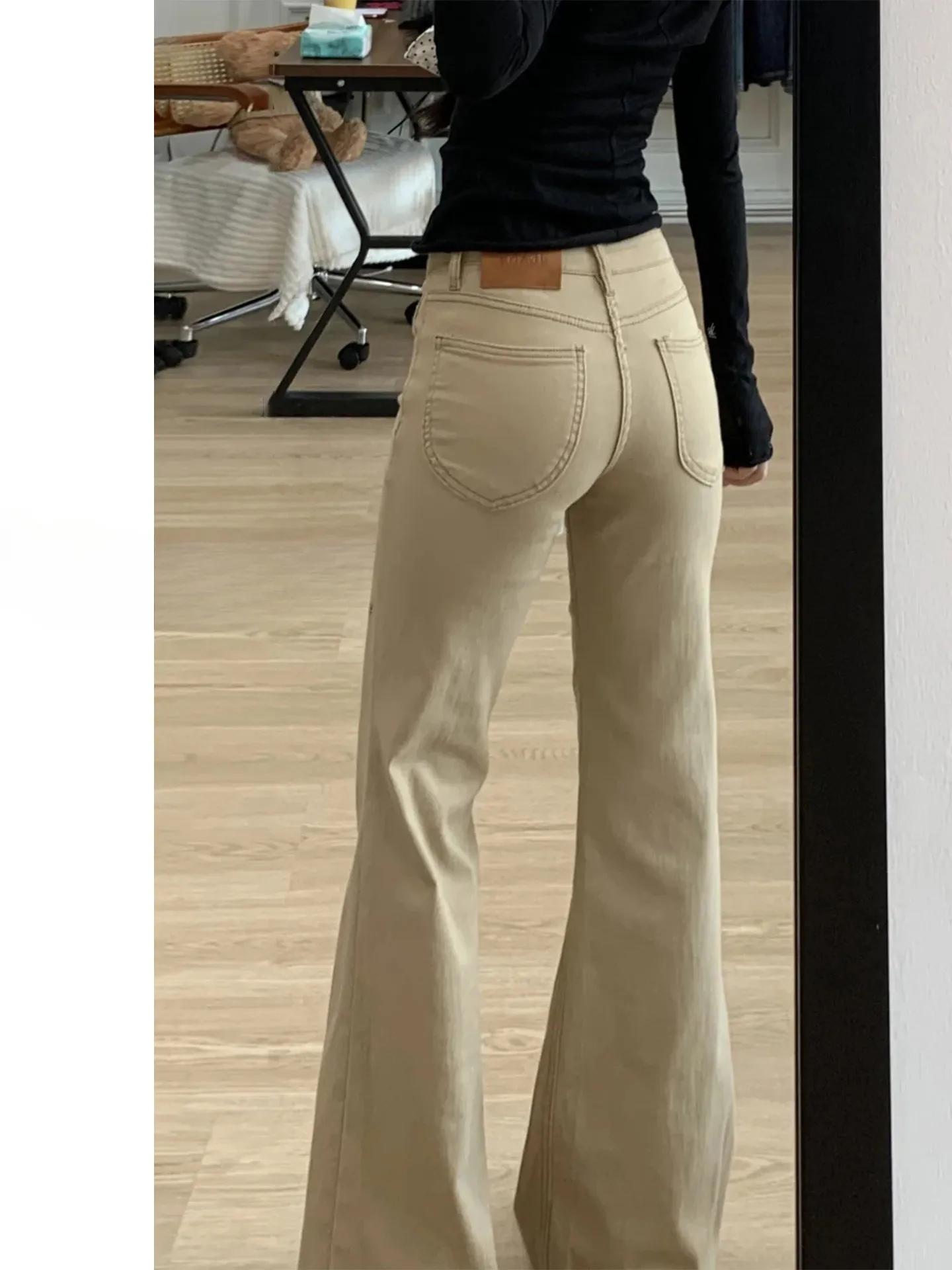 Fleece Lined Khaki Bell Bottom Jeans Women's Low Waist Straight Leg Non Fitting Flared Pants Autumn Winter New Style American...