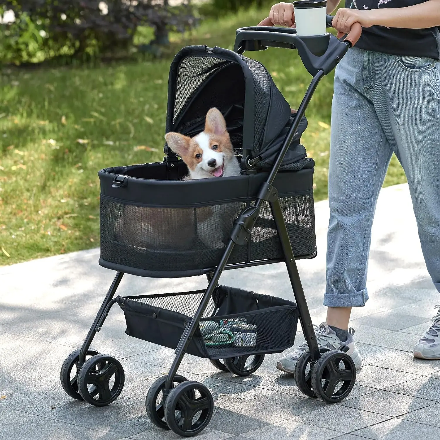 

Folding Dog Stroller, Pet Folding Stroller, 4 Wheels Dog/Cat Puppy Stroller w/Removable Travel Carrier for Small/Medium P