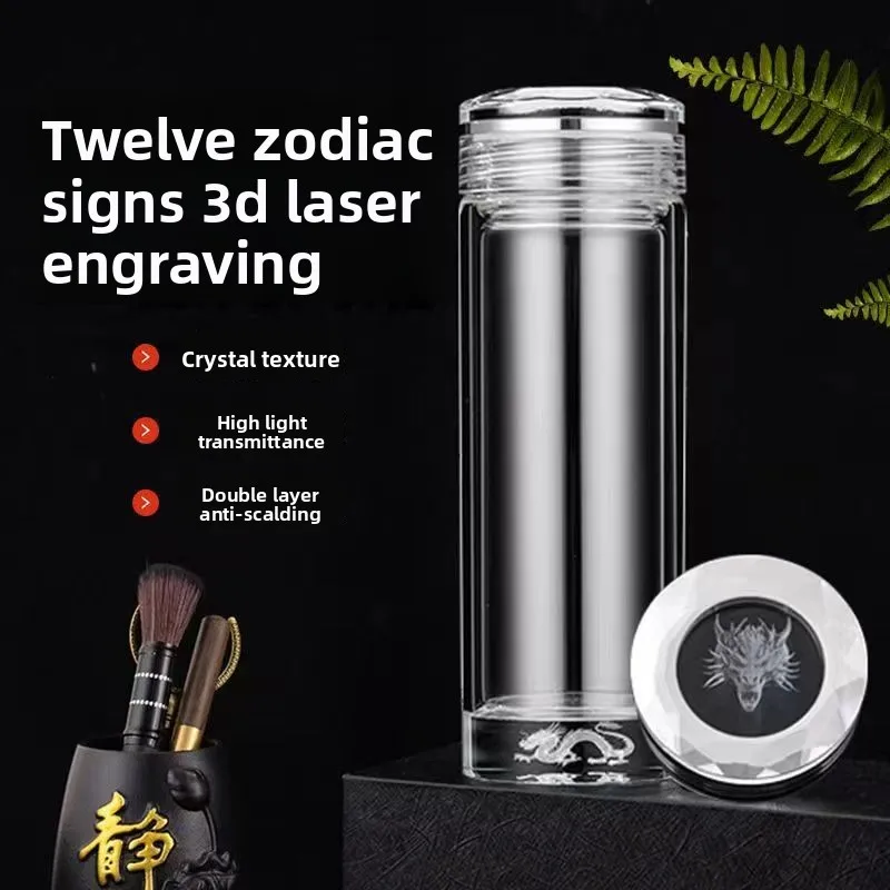 

High-End Double-Layered Crystal Glass Cup with 3D Emed Zodiac Design Tea Cup Heat Resistant Water Cup for Men And Women