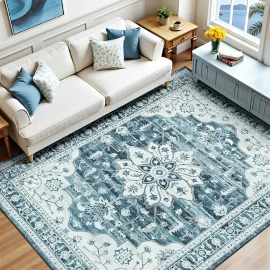 5x7 Area Rugs for Living Room - Vintage Boho Medallion Aesthetic Distressed Washable Rug, Soft Non-Slip Backing Low Pile Carpet