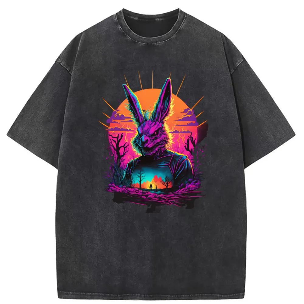 

Neon Vaporwave Bunny Cool Tshirt 2023 New Arrival Funny Long Sleeve Tshirt Washed England Style Sportswears Sweatshirts