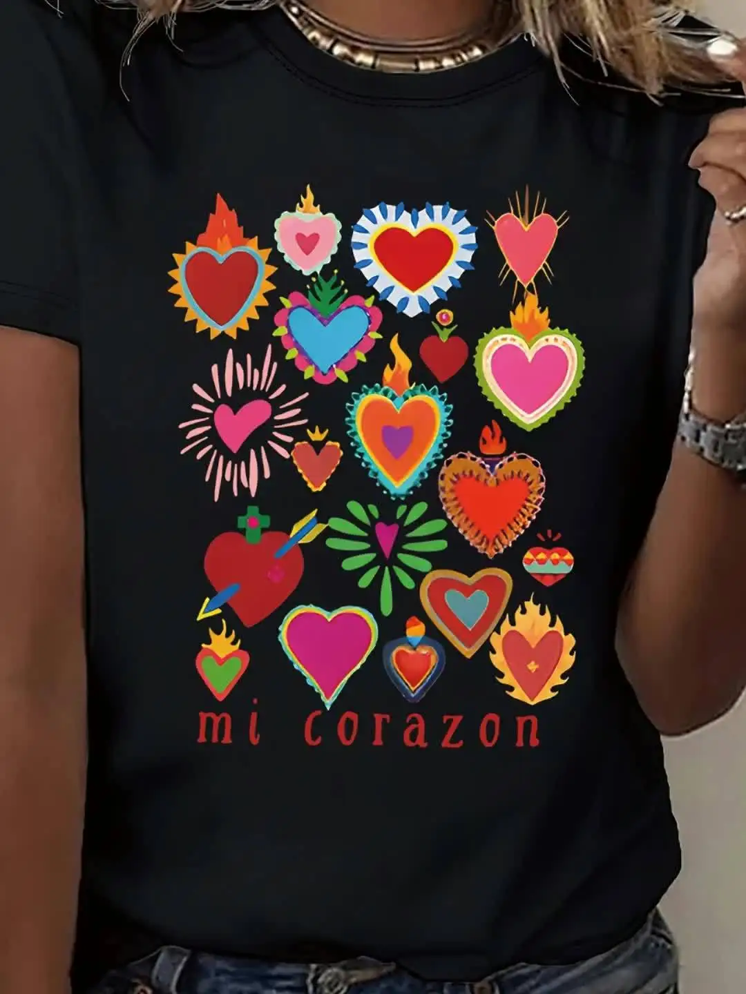 2025 New Women's Mi Corazon Latino Cultural Graphic T-Shirt - Vibrant Heart Print with Spanish-Inspired Patterns, Soft Crew
