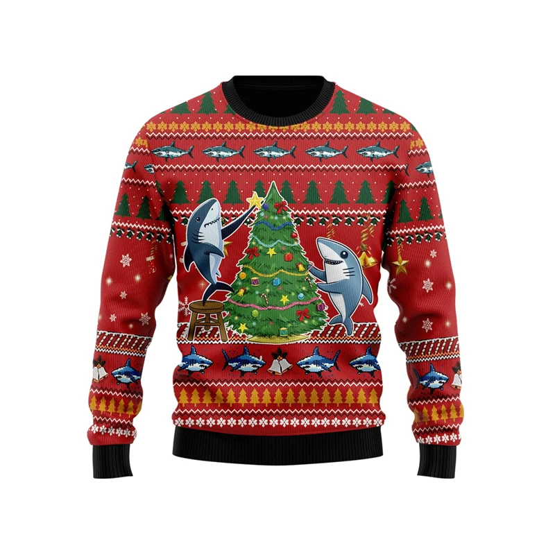 Pull de noël moche requin drôle pour femmes, vêtements mignons animaux requins graphiques, pulls décontractés en Polyester, haut unisexe