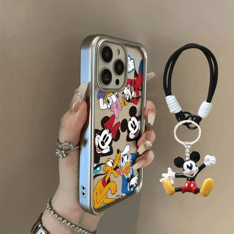 Full Screen Mickey Minnie Mouse Black Strap Phone Case For iPhone 16 14 12 13 11 15 Pro Max XR XS MAX 7 8 Plus Y2K Lovely Cover