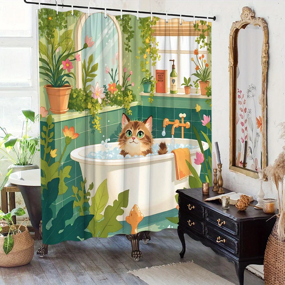 1pc Cozy Bathroom Shower Curtain Playful Tabby Cat in Bathtub with Green Plants And Colorful Flowers in Jungle-Like Setting Home