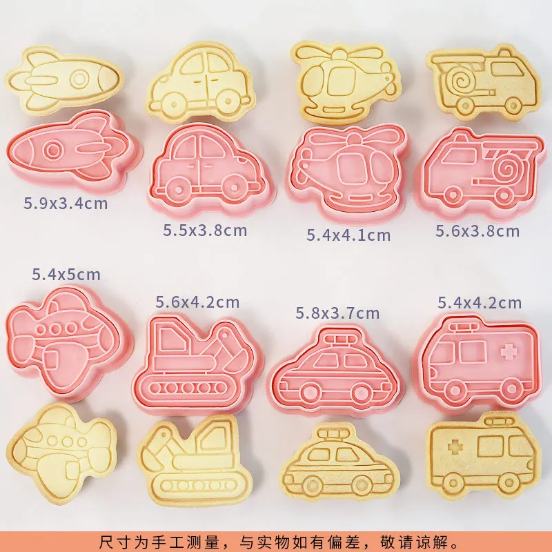 8 Pcs Cartoon Vehicle 3D Cookie Cutter Set Press Mold for Car Ship Train Plane Tractor Crane Shapes DIY Baking Tools for Fondant