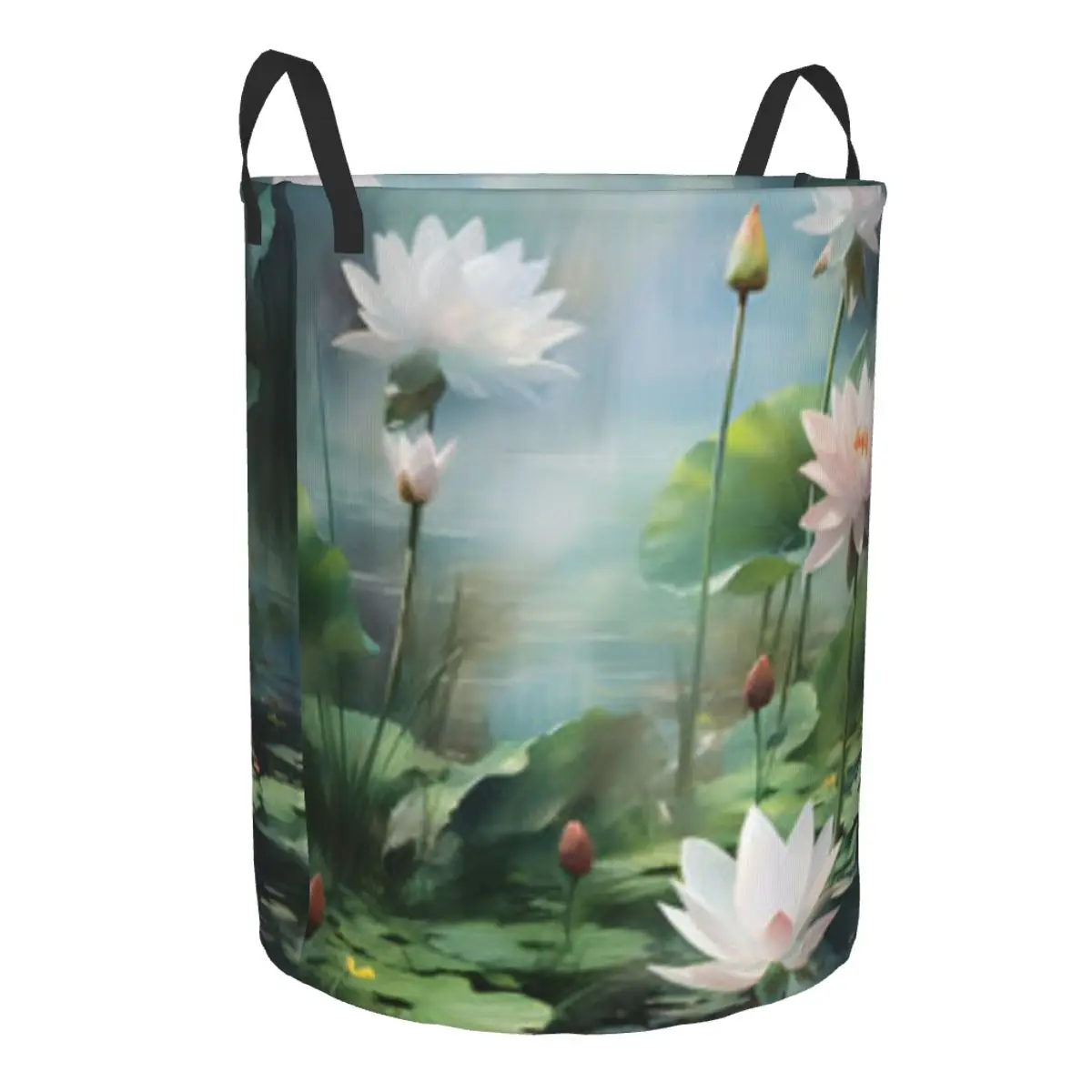 Folding Laundry Basket Water Lily And Lotus Flower In The Pond Round Storage Bin Collapsible Hamper Clothes Bucket Organizer