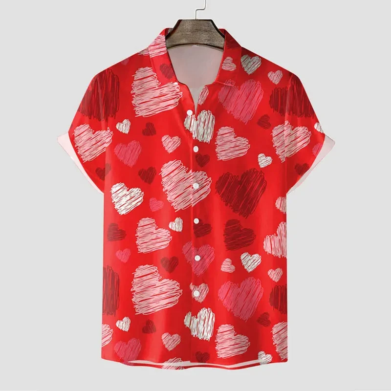 Heart Hawaii Valentine's 3D Print Short Sleeve Mens Fashion Shirts Summer Blouse Men's Clothing Y2K Camisas Casuais Flower Male