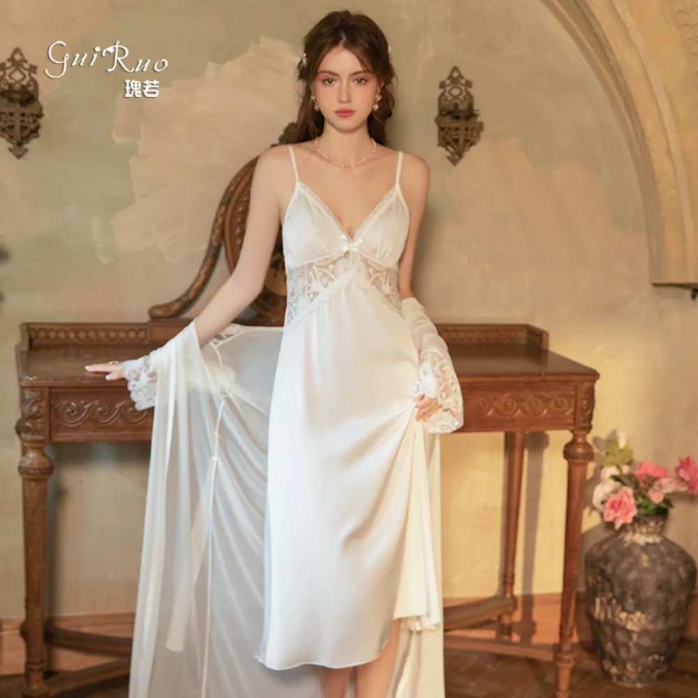 French Style Pure Silk Satin Sleepwear Set Lace Trim Sexy Open Back Nightgown Robe Skin-friendly and comfortable Women Pajamas