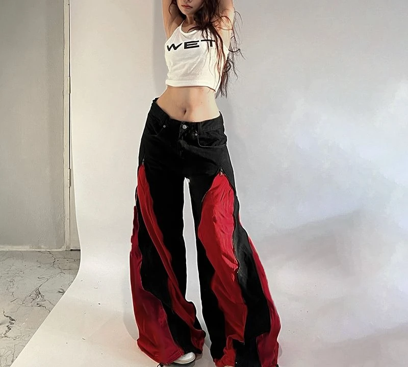

Gothic High Street Fashion Black Red Wide Leg Jeans for Cool Girls Trendy and Stylish