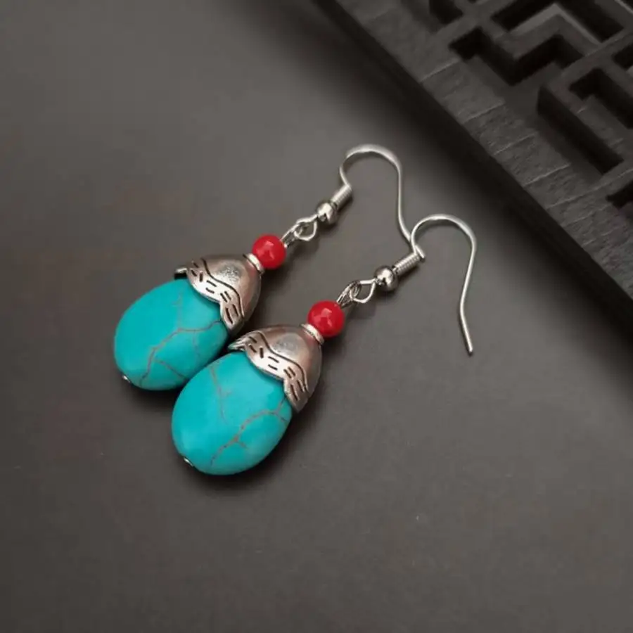 Pendientes Colgantes Étnicos Vintage para Mujer, con Cuentas de Turquesa en Forma de Lágrima, Cuentas de Coral Rojo, Gancho Plateado, Estilo Bohemio, Hechos a Mano