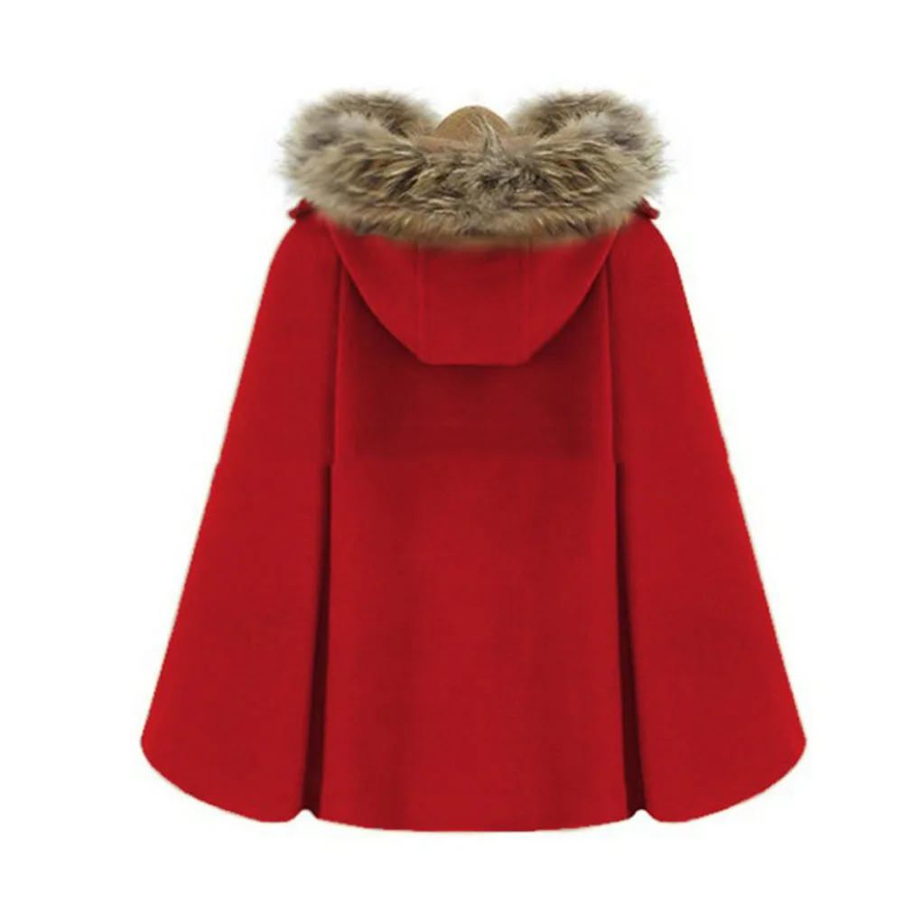 Women\'s Woolen Blends Ponchos 2023 Winter Autumn Wool Cloak Warm Faux Fur Collar Double Button Female Cape Outerwear Manteau