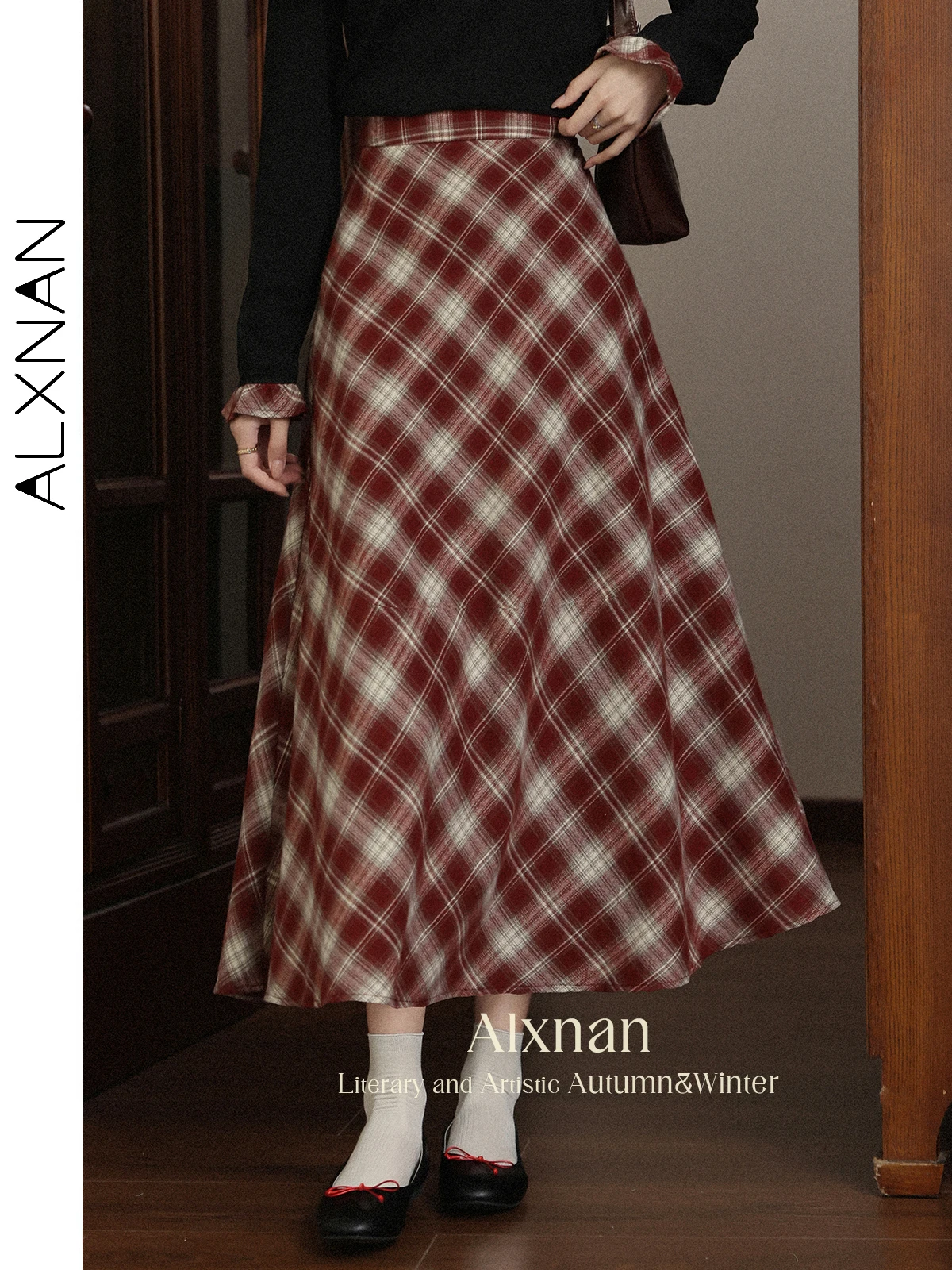 

ALXNAN Plaid Skirt Vintage High-waist Long A-line Pleated Cotton Skirts Casual Elegant Office Lady Clothing L56739 LXN32296
