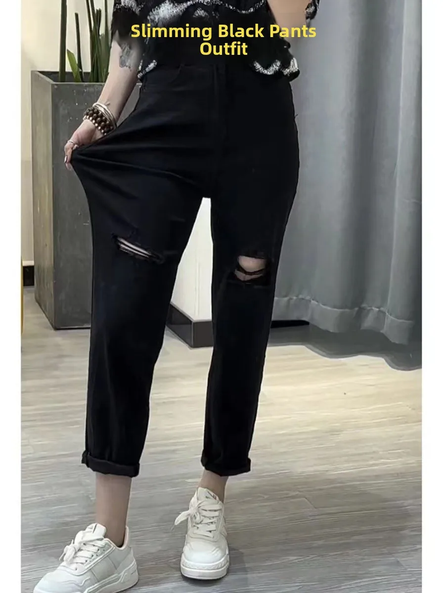 

Джинсы Bla Hole Harlan, женские летние тонкие джинсы больших размеров с высокой талией, утягивающие прямые широкие брюки с девятью точками