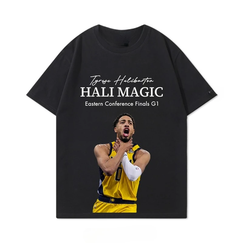 

2025 восточный финал Halliburton Lockthroat футболка с коротким рукавом мужские Pacers Reggie Miller баскетбольная повседневная одежда с коротким рукавом