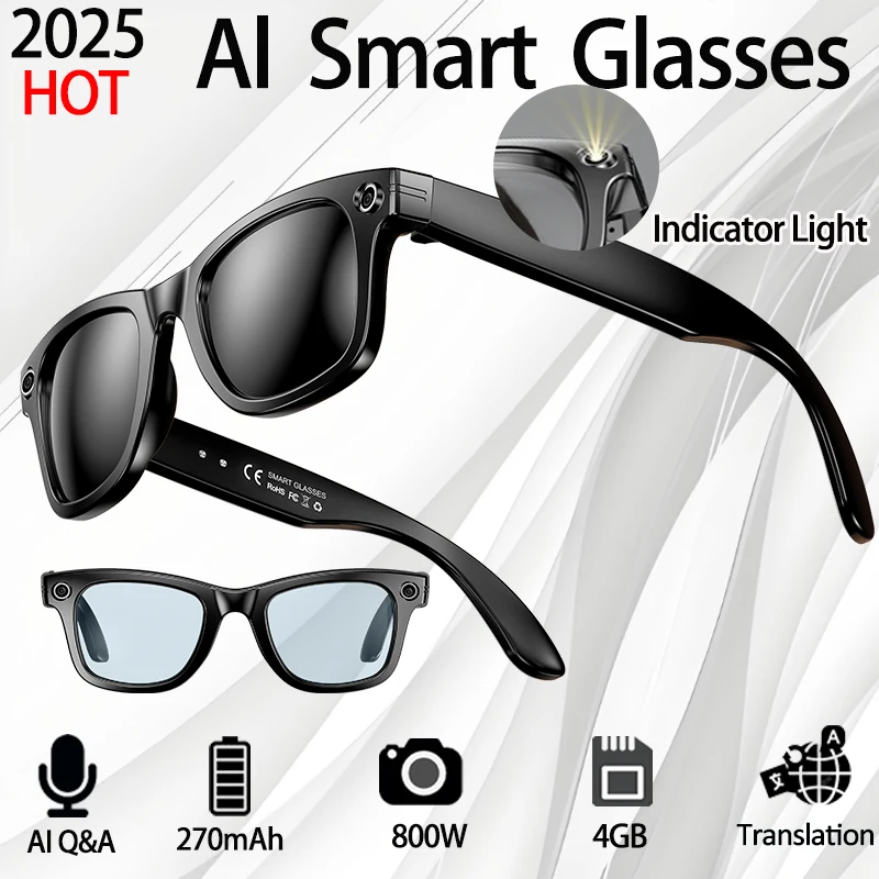 

8MP HD AI Voice Смарт-очки Возьмите видео Распознавание фотографий Разрешение 2K Перевод Сенсорное управление Беспроводной вызов Смарт-очки