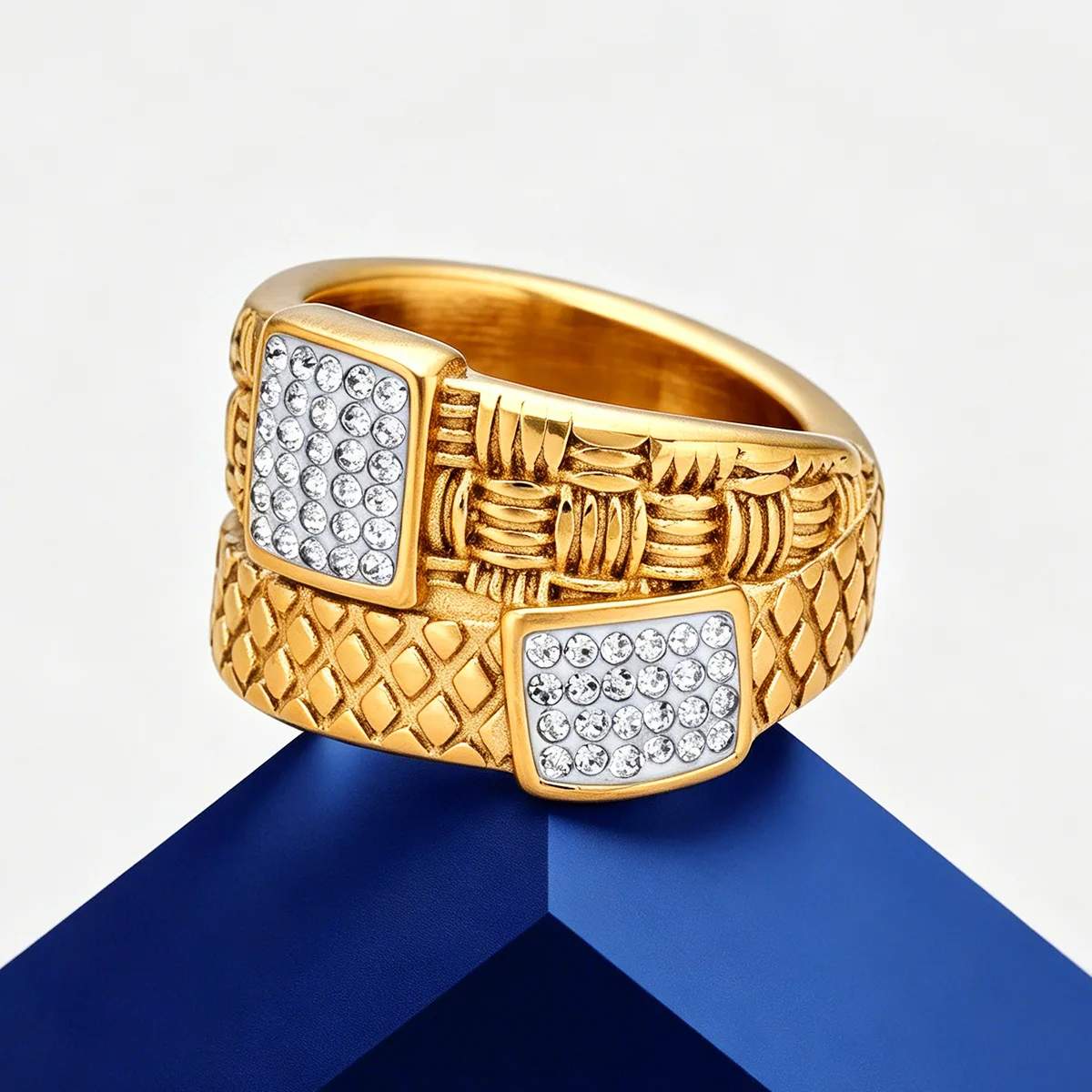 

Stainless Steel Braided Textured Chunky Ring for Women 18K Gold Plated Square Zircon Statement Jewelry Hypoallergenic Party Gift