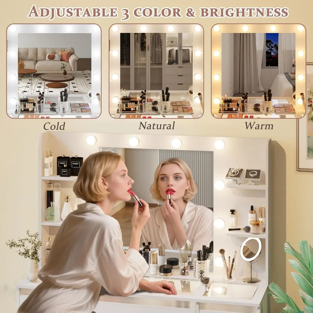 مكتب مكياج مع أضواء 3 ألوان، مكتب زجاجي علوي مع 7 أدراج مضاءة، 4 أرفف، مخرج طاقة، مكتب مكياج مع مرآة