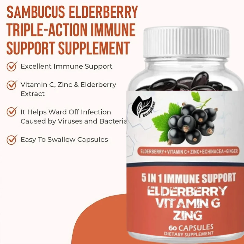 5-in-1 Elderberry Immune Support Supplement 1000mg Elderberry Vitamin C Zinc Echinacea Ginger Vegetarian Capsules 60 Count