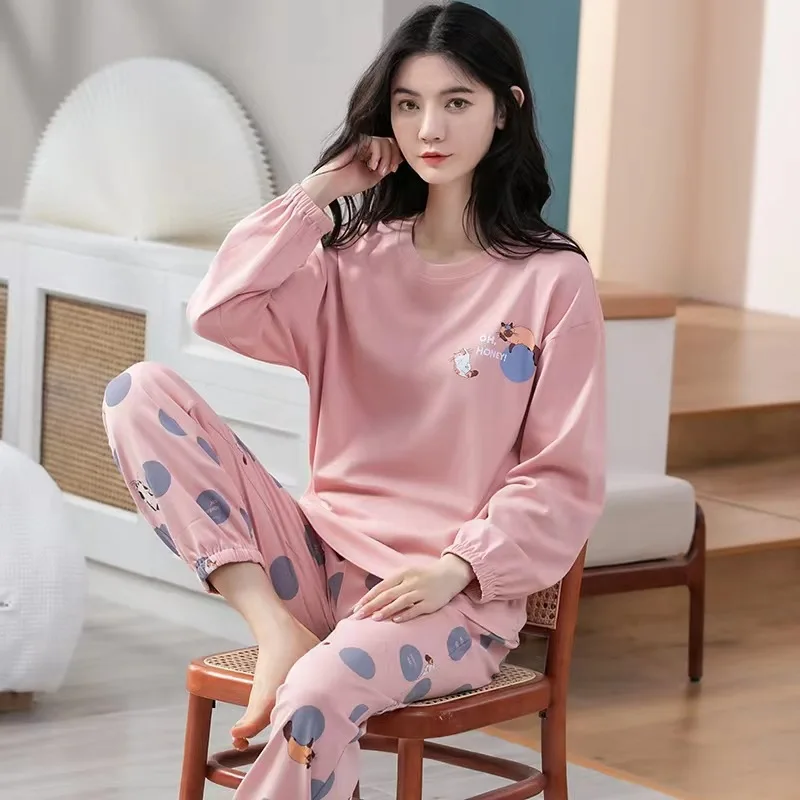 Women\'s Sleepwear Polyester-Cotton Blend Cartoon Pajamas Student Nightwear Homewear Two-Piece Tops and Pants Suit Loungewear