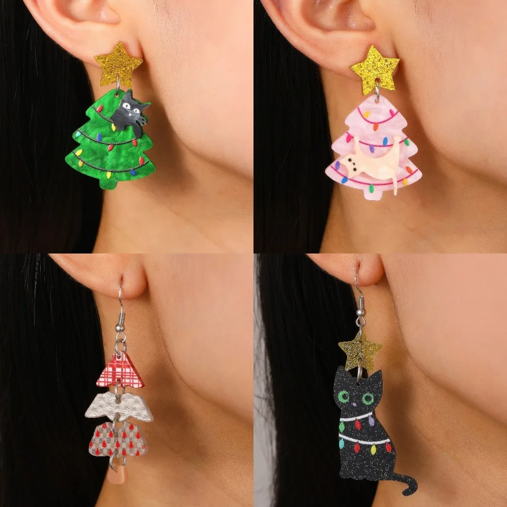 Exquisite Acrylic Material Cat Earrings Cartoon Style Vivid Print Christmas Earrings Cute Shape Star Earrings Daily