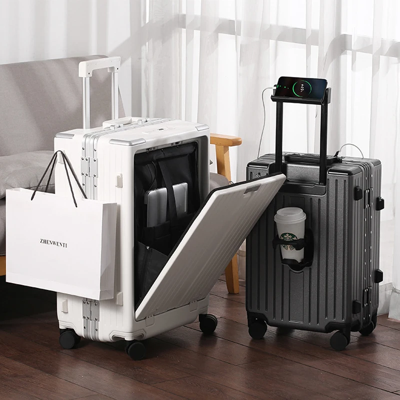 

20/24/26 inch Aluminum Frame PC Suitcase Front-opening Laptop Compartment Multifunctional Luggage with Dual charging ports