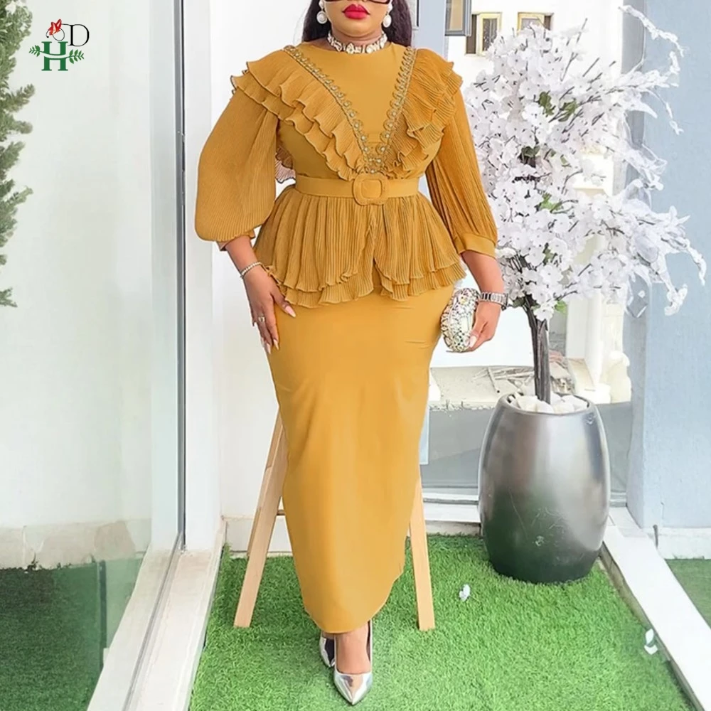 

African Plus Size Ruffled Peplum with Beaded Grown 3/4 Sleeves Straight Maxi Skirt and Belt For Parties Wedding Formal Events