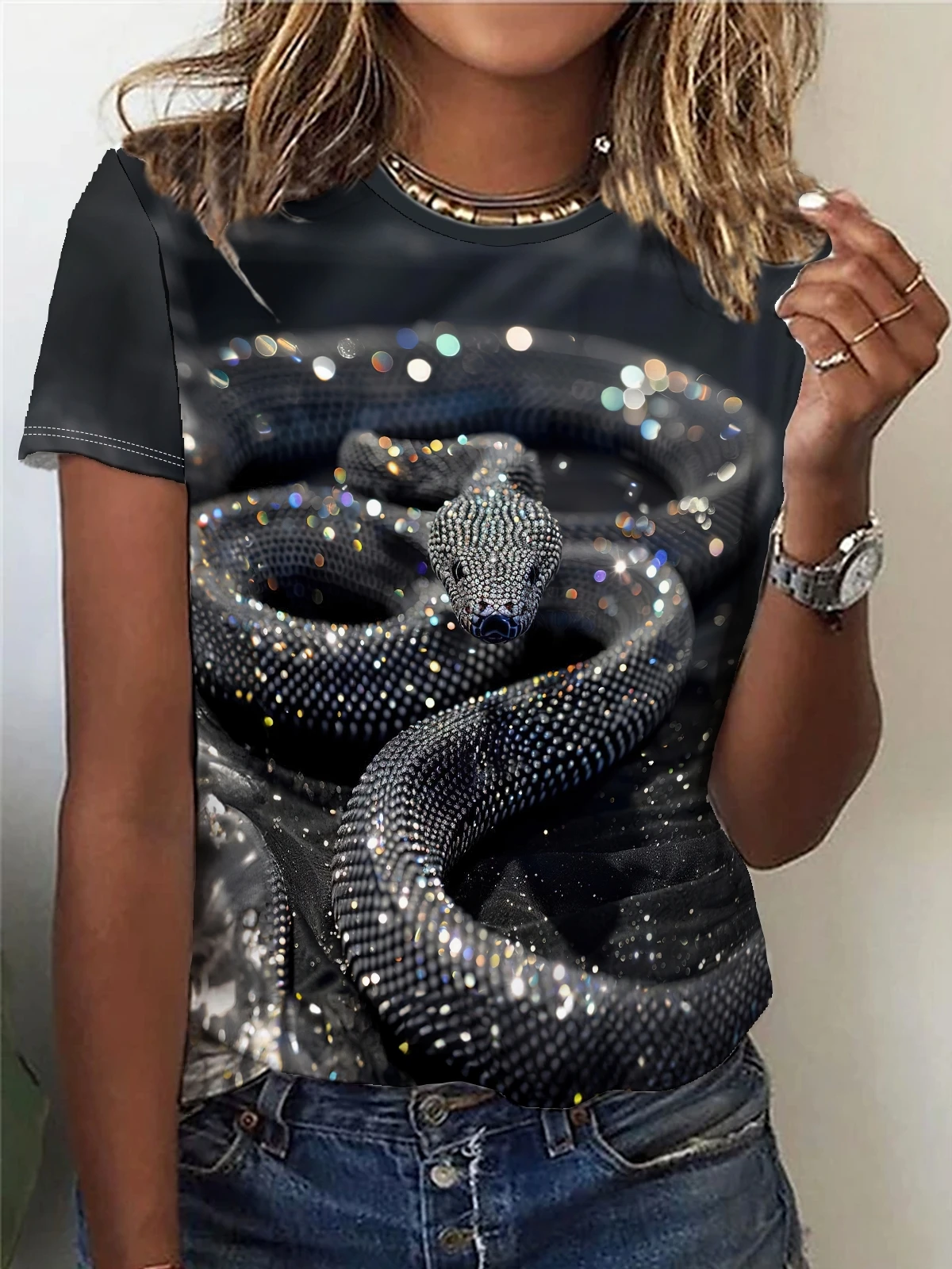 Black Snake Print Crew Neck T-Shirt Casual Short Sleeve Top For Spring & Summer Women\'s Clothing