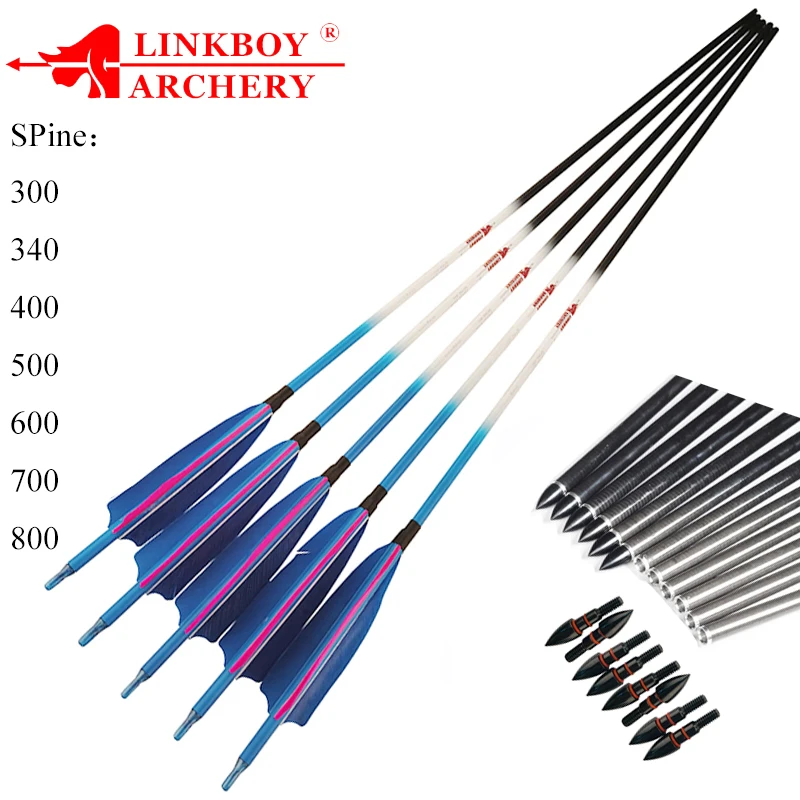 Linkboy-Archery Carbon Arrows Spine300, 340, 400, 500, 600, 700, 800, 5Inch Turkey Feather, 75gr Tips, Bow and Arrows, Hunting