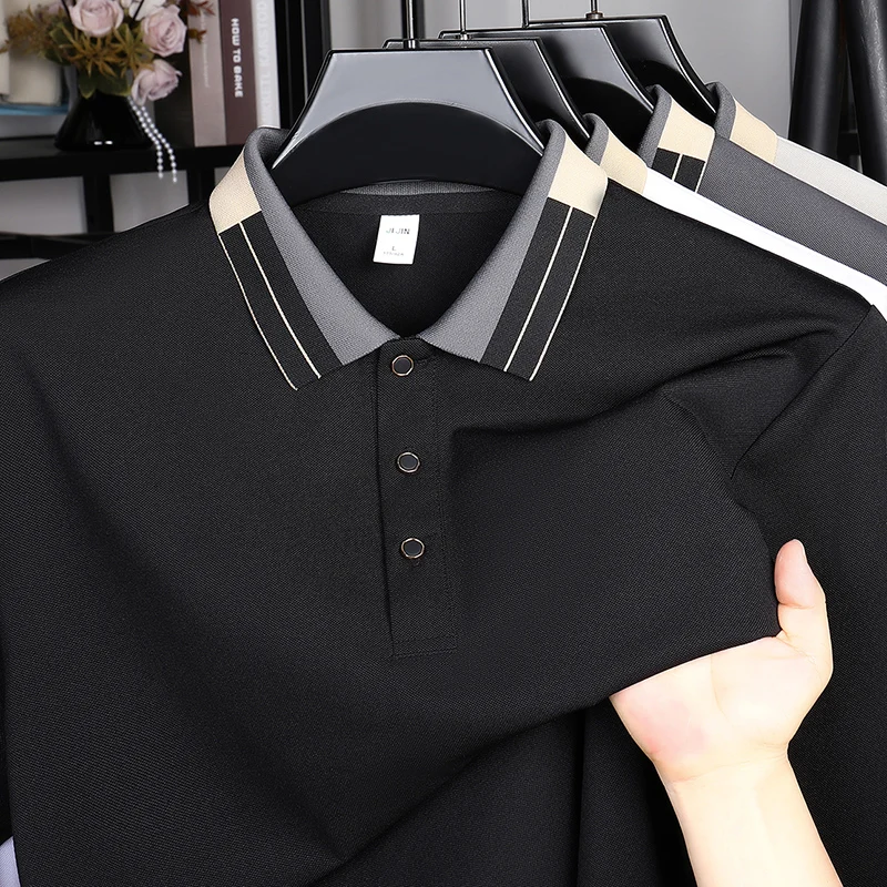 

Легкая роскошная и простая мужская футболка с длинными рукавами из чистого хлопка 2025 года, деловая и повседневная рубашка-поло с лацканами, топ для папы