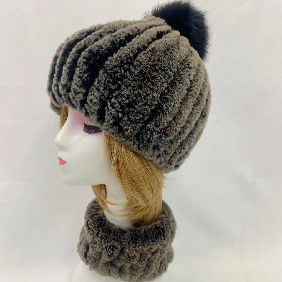 Winter Fur Hats and Scarf Set  for Women Soft Warm Elastic Rabbit Fur Sets