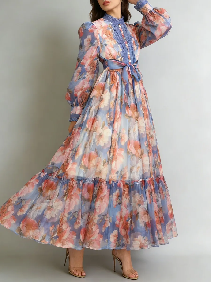 Robes élégantes pour femmes TWOTWINSTYLE, imprimé français, dentelle transparente, col montant, manches longues, patchwork, plis, robe féminine